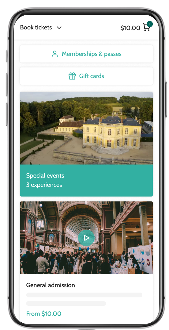 Beyonk's attraction ticketing software on mobile. Memberships, gift cards and sessions can be bought here.